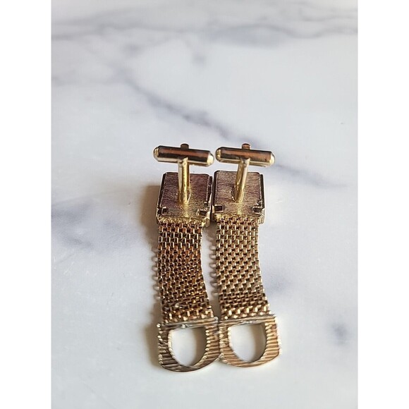 Tiger's Eye Gold Tone Mesh Metal Cufflinks Vintage 1970's - Picture 8 of 10